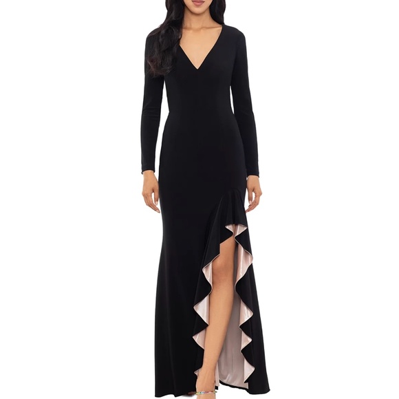 Xscape - Long Sleeve Stretchy V-neck Ruffle Dress - Picture 1 of 14